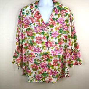 Womens Floral Button Up Tunic Top Size 2X Colorful Handmade Casual Long Sleeve
